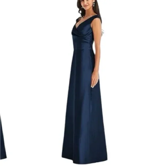 NEW Alfred Sung Midnight Blue Off Shoulder Satin Gown Formal Evening Dress Sz 6 - Picture 3 of 4